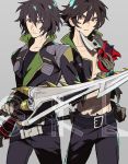  2boys ahoge bare_shoulders belt black_hair ebira gloves gun holding holding_gun holding_sword holding_weapon jacket kaidou_ken looking_at_viewer magami_ryou male_focus mazinkaiser_skl midriff multiple_boys navel open_clothes pauldrons red_eyes serious short_hair sleeveless spiked_hair standing sword thick_eyebrows torn_clothes weapon 