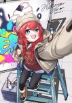  1girl :d animal_ear_headwear arm_up ayumylove beanie black_pantyhose blue_archive blue_eyes blush boots braid brown_boots chinese_commentary clenched_hand coat commentary dated foreshortening fur-trimmed_boots fur_trim graffiti grey_coat grey_hat hair_between_eyes happy hat ladder long_hair looking_up low_twin_braids maki_(blue_archive) maki_(camp)_(blue_archive) official_alternate_costume official_alternate_hairstyle open_clothes open_coat open_mouth pantyhose red_hair red_sweater selfie signature smile solo stepladder sweater teeth twin_braids upper_teeth_only 