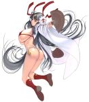  1girl ass bangs black_hair blunt_bangs breasts commentary_request fan full_body hair_ornament highres holding holding_fan japanese_clothes large_breasts long_hair masao micro_bikini_top miko original profile red_bikini_top red_eyes revision solo white_background wide_sleeves 
