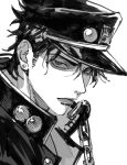  1boy 3icxjemhky66253 coat collared_coat cropped earrings hat highres jewelry jojo_no_kimyou_na_bouken kujo_jotaro looking_at_viewer male_focus medium_sideburns peaked_cap piercing popped_collar portrait short_hair sideburns simple_background solo stardust_crusaders stud_earrings white_background 