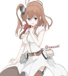  1girl belt_pouch breast_pocket breasts brown_hair cowboy_shot dress emuwai garter_straps grey_eyes hashtag-only_commentary high_side_ponytail kantai_collection long_hair medium_breasts neckerchief one-hour_drawing_challenge pocket pouch red_neckerchief red_thighhighs saratoga_(kancolle) side_ponytail simple_background smokestack_hair_ornament solo thighhighs twitter_username white_background white_dress 
