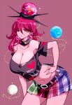  1girl absurdres bare_shoulders belt black_shirt breasts chain cleavage collarbone commentary earth_(ornament) hair_between_eyes hand_on_own_hip hecatia_lapislazuli highres large_breasts leaning_forward long_hair looking_at_viewer midriff moon_(ornament) multicolored_skirt navel off-shoulder_shirt off_shoulder one_eye_closed plaid_clothes plaid_skirt pointy_ears raptor7 red_eyes red_hair shirt skirt solo t-shirt thighs touhou underworld_(ornament) 