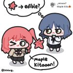  >_o 2girls :< arrow_(symbol) black_skirt blue_hair bocchi_the_rock! brown_shirt chibi chibi_only closed_mouth commentary drooling english_commentary english_text green_eyes hair_ornament hairclip highres hungry kita_ikuyo leaf long_hair looking_at_viewer lulalang maple_leaf mole mole_under_eye multiple_girls one_eye_closed one_side_up parallel_hairclips red_hair request_inset school_uniform shimokitazawa_high_school_uniform shirt short_hair simple_background skirt smile speech_bubble thinking thought_bubble twitter_username v white_background white_shirt yamada_ryo 