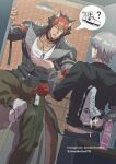  2boys animal_ears bandaged_arm bandages black_choker black_hair black_jacket black_shirt brick_wall butt_crack choker collarbone commentary cum_in_footwear cum_on_shoe denim doodlefish english_commentary green_pants grey_hair highres holding holding_shoes holding_unworn_clothes indoors jacket jeans jewelry komano_manato looking_at_another lube lubrication male_focus male_underwear male_underwear_peek multicolored_hair multiple_boys necklace open_door open_mouth pants pectoral_cleavage pectorals red_bandage red_hair scar scar_on_chest shirt shoes short_hair spiked_jacket standing standing_on_one_leg sweat two-tone_hair underwear unworn_shoes white_shirt white_shoes wise_(zenless_zone_zero) yaoi zenless_zone_zero 