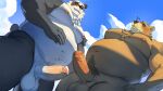 16:9 anthro areola balls barbell_piercing bear belly ben_bigger big_belly blush bodily_fluids body_hair chest_tuft dripping duo erection eyewear eyewear_only foreskin fur genital_fluids genitals giant_panda glasses glasses_only happy_trail hi_res humanoid_genitalia humanoid_penis lhjal2 low-angle_view male male/male mammal mihoyo moobs nipple_piercing nipples nude nude_male overweight overweight_anthro overweight_male pan_yinhu penis piercing precum precum_drip pubes sky small_glasses tuft vein veiny_penis wearing_glasses white_body white_fur widescreen zenless_zone_zero