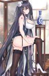  1girl absurdres ass azuma_(azur_lane) azuma_(soft_voice_of_spring)_(azur_lane) azur_lane bangs bare_shoulders black_hair black_legwear blush breasts chinese_clothes covered_navel dress dressing eyebrows_visible_through_hair flower garter_belt hair_between_eyes hair_flower hair_ornament high_heels highres indoors lace lace-trimmed_legwear large_breasts long_hair looking_at_viewer mukatsukulsp smile solo thighhighs thighs vase very_long_hair white_flower white_footwear 