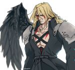 1boy absurdres alex_(street_fighter) armor black_coat black_wings blonde_hair blue_eyes chest_strap closed_mouth coat collarbone cosplay crossover facepaint feathered_wings final_fantasy final_fantasy_vii highres jacket lhonert long_hair long_sleeves looking_at_viewer male_focus military_uniform muscular muscular_male open_clothes pauldrons pectoral_cleavage pectorals sephiroth sephiroth_(cosplay) shoulder_armor simple_background single_wing solo street_fighter street_fighter_iii_(series) tattoo upper_body white_background wings 