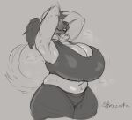  anthro big_breasts bottomwear bra breasts canid canine canis clothing domestic_dog female fur hair hi_res huge_breasts jezzlen mammal millie_(jezzlen) navel shorts solo sports_bra tail underwear 