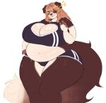 2026 5_fingers absurd_res anthro belly big_breasts big_tail bodily_fluids breasts brown_body brown_fur brown_nose canid canine canis cleavage_cutout clothed clothing cutout domestic_dog female fingers fluffy fluffy_tail fur hair harufeng heart_cutout hi_res huge_breasts huge_hips huge_thighs long_hair looking_at_viewer mammal navel one_eye_closed orange_hair overweight overweight_anthro overweight_female simple_background smile solo star sweat sweatdrop sweaty_belly sweaty_breasts tail thick_thighs white_background white_body white_fur wide_hips wink yellow_eyes