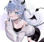  1girl absurdres alternate_costume armpit_crease asymmetrical_horns black_choker black_dress black_horns black_nails black_tail blue_hair blush bone_hair_ornament breasts cartoon_bone choker claw_ring cleavage collarbone commentary_request cowboy_shot cross cube_hair_ornament demon_girl demon_horns demon_tail dot_nose dress ear_chain ear_piercing fang finger_to_mouth fingernails hair_between_eyes hair_ornament hair_over_shoulder hairpin highres horns jacket jacket_partially_removed jewelry leaning_forward linked_piercing long_fingernails long_hair long_sleeves looking_at_viewer multiple_hairpins off_shoulder open_mouth piercing qianjian ring shirt shushing simple_background single_bare_shoulder single_off_shoulder skin_fang skull skull_hair_ornament sleeves_past_wrists smile solo standing strap_slip tail thighs tongue turning_head uneven_horns virtual_youtuber vspo! white_jacket yano_kuromu zettai_ryouiki zipper 