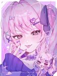 1other :3 aegyo_sal akiyama_mizuki blush blush_stickers border bow chibi choker cocked_eyebrow collarbone commentary_request decora drawn_ears drawn_nose drawn_whiskers drill_hair drill_ponytail drill_sidelocks facial_mark fingernails frilled_choker frills hair_intakes hair_ornament hair_ribbon hairclip high_side_ponytail highres looking_at_viewer nail_polish negai_wa_itsuka_asa_wo_koete_(project_sekai) official_alternate_costume other_focus outside_border partial_commentary pink_background pink_eyes pink_hair pink_nails ponytail portrait project_sekai purple_choker purple_ribbon purple_shirt ribbon shirt sidelocks single_blush_sticker sleeves_past_wrists smug solo sparkle tongue tongue_out upper_body waonnu white_border x_hair_ornament yami_kawaii 