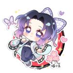  1girl animal_ear_fluff black_hair black_jacket black_pants black_socks blush butterfly_hair_ornament buttons cherry_blossoms chibi chibi_only chinese_commentary closed_mouth commentary_request demon_slayer_uniform flower full_body gradient_hair hair_ornament hand_up haori heart highres jacket japanese_clothes kimetsu_no_yaiba kochou_shinobu long_sleeves looking_at_viewer miaoxiaoyu_huihuakecheng multicolored_hair outline pants parted_bangs pink_flower purple_eyes purple_hair sandals short_hair smile socks solo sparkle standing standing_on_one_leg tabi white_background white_outline white_sandals wide_sleeves 