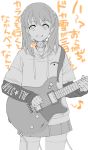  1girl :d ahoge bangs cable clothes_writing contrapposto cowboy_shot electric_guitar eyebrows_visible_through_hair fingernails glowing greyscale guitar hair_ornament hair_scrunchie highres holding holding_instrument hood hood_down hoodie instrument itou_(onsoku_tassha) long_sleeves looking_at_viewer monochrome music open_mouth original parts_exposed playing_instrument pleated_skirt plectrum robot_joints scrunchie short_over_long_sleeves short_sleeves simple_background skirt smile solo sweater translation_request twintails 