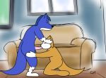  2020 animated anthro balls blue_body blue_fur blue_hair canid canine chamberlain17063 domestic_cat felid feline felis fox fur genitals hair hi_res justin_(chamberlain17063) kneeling living_room male male/male mammal markings odin_(chamberlain17063) oral oral_penetration penetration penis sex stripes white_markings yellow_body yellow_fur 