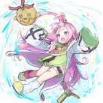  1girl ahoge aino_(genshin_impact) bandaid bandaid_on_leg bangs_pinned_back black_dress bloomers blush coat commentary_request dress floating_hair genshin_impact green_dress green_slippers hair_ornament hairclip halter_dress halterneck highres huge_ahoge lab_coat long_hair long_sleeves loose_socks mismatched_socks motion_lines off_shoulder open_clothes open_coat open_mouth outstretched_arms pink_hair pink_socks purple_eyes robot screw_hair_ornament short_eyebrows sidelocks simple_background sleeveless sleeveless_dress sleeves_past_fingers sleeves_past_wrists slippers socks solo sweatdrop two-sided_coat two-sided_fabric very_long_hair water water_drop white_background white_coat white_socks x_hair_ornament xeitlfrycz64403 