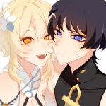  1boy 1girl absurdres adam's_apple armpit_crease bare_shoulders black_bodysuit black_hair blonde_hair blue_flower blue_trim blunt_ends bodysuit breasts bright_pupils cheek-to-cheek choppy_bangs cleavage closed_mouth couple covered_collarbone detached_sleeves eyeliner facial_mark flower genshin_impact hair_between_eyes hair_flower hair_ornament halterneck heads_together heart heart_facial_mark hetero highres leafy_fumi light_blush lumine_(genshin_impact) makeup mandarin_collar medium_breasts multicolored_flower open_mouth pink_lips purple_eyes red_eyeliner scaramouche_(genshin_impact) scarf short_hair short_hair_with_long_locks sidelocks sleeveless sleeveless_bodysuit sweatdrop teeth tongue tsurime twitter_username wanderer_(genshin_impact) white_background white_flower white_pupils white_scarf white_sleeves yellow_eyes 