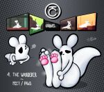 anthro bodily_fluids breath digital_media_(artwork) feet foot_focus foot_grab hi_res holding_object holding_weapon lying melee_weapon musk musk_cloud on_front one_eye_closed pawpads paws pincoosh polearm rain_world sequence signature simple_background sitting slugcat solo spear survivor_(rain_world) sweat sweaty_paws swimming tail tired videocult weapon