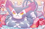  bed cat cat_focus closed_mouth creature frown gen_4_pokemon indoors lying official_art on_stomach pillow pokemon pokemon_(creature) pokemon_trading_card_game purugly shibuzoh yellow_eyes 