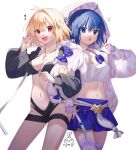  2girls absurdres ahoge arcueid_brunestud aro_1801 bikini black_bikini black_jacket blonde_hair blue_eyes blue_hair blue_skirt blush bow breasts camisole choker ciel_(tsukihime) cleavage commentary cosplay costume_switch crop_top crop_top_overhang cropped_jacket cross cross_necklace fate/grand_order fate_(series) fingerless_gloves gloves highres hood hooded_jacket jacket jewelry large_breasts long_sleeves looking_at_viewer miniskirt multiple_girls mysterious_executor_c.i.e.l_(fate) navel necklace open_mouth phantas-moon phantas-moon_(second_ascension) purple_gloves purple_thighhighs red_eyes short_hair skirt smile space_phantas-moon_another_christmas striped_clothes striped_gloves striped_thighhighs swimsuit thighhighs thighs white_camisole white_jacket 