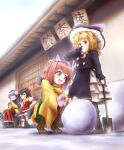  4girls ascot bell black_pantyhose blonde_hair boots bow braid brown_boots brown_eyes brown_hair commentary_request dazonipsf detached_sleeves flower forbidden_scrollery frilled_bow frilled_hair_tubes frills grin hair_bell hair_bow hair_flower hair_ornament hair_tubes hakama hakama_skirt hakurei_reimu hat hat_bow hieda_no_akyuu holding holding_shovel japanese_clothes kimono kirisame_marisa lace-up_boots long_hair long_sleeves mittens motoori_kosuzu multiple_girls open_mouth outdoors pantyhose pink_eyes purple_bow purple_hair red_bow red_skirt ribbon-trimmed_sleeves ribbon_trim shovel side_braid single_braid sitting skirt skirt_set smile snow touhou translation_request white_boots wide_sleeves winter_clothes witch_hat yellow_ascot yellow_eyes yellow_kimono 