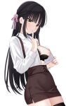  1girl black_bra black_hair black_thighhighs blunt_bangs blush bra bra_pull breasts brown_skirt cafe_stella_to_shinigami_no_chou clothes_pull collared_shirt commentary cowboy_shot dutch_angle earrings eyes_visible_through_hair fan_request finger_to_mouth fingernails floral_print floral_print_bra flower hair_between_eyes hair_flower hair_ornament hair_ribbon half_updo hand_up high-waist_skirt highres index_finger_raised jewelry large_breasts lingerie long_hair long_sleeves looking_at_viewer mole mole_under_eye naughty_face nipples open_clothes open_shirt opened_by_self parted_lips pink_ribbon presenting_breasts print_bra ribbon rose shiki_natsume shirt sideboob simple_background skindentation skirt smile solo stealth_flashing straight_hair stud_earrings suspender_skirt suspenders tft_(tft7822) thighhighs underwear very_long_hair white_background white_flower white_rose white_shirt yellow_eyes zettai_ryouiki 