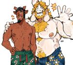  2boys abs absurdres antlers arm_around_shoulder asgore_dreemurr bara bare_pectorals beard belly biceps black_hair blonde_hair blue_shorts blush brown_fur closed_mouth deer_antlers deltarune english_commentary facial_hair fangs floppy_ears furry furry_male goat_horns graysheartart green_shorts highres horns looking_at_viewer male_focus multiple_boys muscular muscular_male navel nipples notice_lines one_eye_closed open_mouth pectorals plump rudolph_holiday shorts smile topless_male utdr_(toby_fox) white_background white_fur 