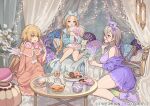  3girls abigail_williams_(fate) angel_wings animal_ear_hairband animal_ears barefoot bed bed_sheet blanket blonde_hair blue_eyes blue_hairband blue_pajamas blue_scrunchie blue_shorts blue_socks canopy_bed carpet coffee_table cup curtains donut fake_animal_ears fate/grand_order fate_(series) flower fluffy_clothes food frilled_pillow frills fuzzy_clothes glass glass_teacup glass_teapot grey_hair hair_between_eyes hair_down hair_ornament hair_scrunchie hairband holding holding_cup holding_donut holding_food hugging_object huyan_zhuo_(fate) indoors jeanne_d'arc_(fate) long_hair long_hair_between_eyes long_sidelocks long_sleeves low_twintails metatron_jeanne_(fate) mug multiple_girls nightgown off_shoulder official_art on_bed pajamas parted_bangs pillow pillow_hug pink_nightgown plate pota_(bluegutty) purple_eyes purple_hairband purple_pajamas purple_scrunchie purple_shorts purple_socks rabbit_ear_hairband rabbit_ears scrunchie shorts sidelocks sitting sleepover sleepwear sleeveless sleeves_past_wrists socks table teacup teapot twintails vase white_flower white_wings wings yellow_eyes 