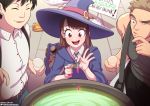  1girl 2boys bangs bare_shoulders belt blonde_hair brown_belt brown_eyes brown_hair cloak eyebrows_visible_through_hair hat kagari_atsuko little_witch_academia long_hair luna_nova_school_uniform multiple_boys neocoill open_mouth purple_cloak purple_headwear school_uniform shirt short_hair upper_teeth white_shirt witch_hat 