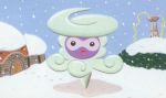  :d castform castform_(snowy) creature full_body gen_3_pokemon happy looking_at_viewer no_humans official_art open_mouth pokemon_(creature) pokemon_trading_card_game smile snow snowing solo tanaka_miki 