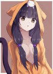  1girl animal_ears animal_hood animal_on_head arms_at_sides asakura_karen_(heaven_burns_red) black_hair blunt_bangs border breasts breasts_apart brown_background brown_eyes buttons cat cat_ears cat_hood cat_on_head cat_tail collarbone commentary eyes_visible_through_hair fake_animal_ears hair_bobbles hair_ornament heaven_burns_red highres hood hood_up hoodie lelie_(lelie_link) long_hair long_sleeves looking_at_viewer low_twintails medium_breasts no_bra on_head open_clothes open_hoodie orange_hoodie outside_border parted_lips partially_unbuttoned simple_background solo tail tail_raised twintails upper_body white_border white_cat 