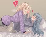  2girls absurdres after_kiss bang_dream! bang_dream!_it's_mygo!!!!! blonde_hair blue_hair blue_shirt blush commentary_request cup extreme_yuri_buta grey_pants hands_in_another's_hair heart highres holding holding_cup long_hair misumi_uika multiple_girls open_mouth pajamas pants purple_eyes purple_shirt saliva saliva_trail shirt togawa_sakiko yellow_eyes yuri 