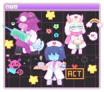  1boy 1girl 1other ^_^ androgynous animal_ears animated animated_gif black_background blue_hair blue_skin boots border cake child closed_eyes coat colored_skin covered_eyes cup deltarune expressionless facing_viewer flower_symbol food full_body furry furry_female furry_male gameplay_mechanics goat_boy goat_ears goat_horns green-framed_eyewear grid_background grin hat heart holding holding_cake holding_food holding_syringe horns jumping kae77p kris_(dark_world)_(deltarune) kris_(deltarune) kris_(takecare)_(deltarune) looping_animation medium_hair no_eyes nurse_cap official_alternate_costume oversized_object pill pink_scarf pink_skin pixel_art purple_hair rainbow ralsei ralsei_(takecare) round_eyewear scarf shaded_face short_hair skull smile soul_(deltarune) sparkle spoken_heart standing susie_(dark_world)_(deltarune) susie_(deltarune) susie_(takecare)_(deltarune) syringe the_fun_gang throwing tomboy trap tray utdr_(toby_fox) virovirokun white_boots white_border white_coat window_(computing) 