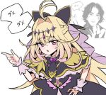  1boy 1girl :o antenna_hair black_bow black_capelet black_dress blonde_hair bow brooch capelet cure_arcana_shadow diamond_hairband dress frilled_capelet frilled_cuffs frills hair_intakes hand_on_own_hip heart heart_brooch highres jewelry kuuma25_kuma leaning_forward long_hair magical_girl meitantei_precure! moria_luluka naze?_nazo?!_answer pink_eyes pointing precure purple_veil purple_wrist_cuffs real_life scolding solo_focus translated veil very_long_hair wrist_cuffs yonezu_kenshi_(person) 