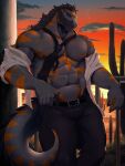2026 3:4 5_fingers abs anthro areola arm_markings balcony belly belly_markings belt belt_buckle biceps big_muscles big_pecs big_tail biped black_areola black_belt black_claws black_clothing black_necktie black_nipples black_shirt black_topwear buckle cactus chest_markings cigarette cigarette_in_mouth cigarette_smoke claws closed_frown clothed clothing cloud curved_tail deltoids desert detailed_background digital_media_(artwork) echo_(game) echo_(series) echo_project eyebrows facial_scales finger_claws fingers flynn_moore forearm_muscles front_view frown gila_monster grey_body grey_eyebrows grey_mane grey_tail head_markings helodermatid hi_res holding_lighter holding_object humanoid_hands leaning_on_railing leaning_on_wall lighter lizard looking_at_viewer male mane markings mouth_closed multicolored_body muscular muscular_anthro muscular_arms muscular_male navel necktie nipples object_in_mouth open_clothing open_shirt open_topwear orange_body orange_markings orange_tail outside partially_clothed pecs plant purtropos reptile scale_eyebrows scales scalie serious_face serratus shirt shrub signature smoke smoking smoking_cigarette snout solo standing sunset tail tail_markings tail_ridge thick_neck thick_tail thick_thighs topwear triceps two_tone_body two_tone_tail v-cut white_dress_shirt