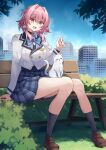  1girl absurdres animal_on_lap bench black_socks blazer blue_bow blue_bowtie blue_eyes blue_sky bow bowtie breasts brown_shoes building bush buttons cat city collared_shirt commentary double-breasted english_commentary full_body graphia_academy_school_uniform grass grey_skirt hand_up highres honkai:_star_rail honkai_(series) jacket knees_together_feet_apart kwkunai loafers looking_at_animal march_7th_(honkai:_star_rail) medium_breasts medium_hair multicolored_eyes official_alternate_costume on_bench on_lap open_mouth outdoors park_bench pink_eyes pink_hair pleated_skirt school_uniform shirt shoes skirt sky smile socks solo striped_clothes striped_skirt teeth two-tone_eyes upper_teeth_only white_cat white_jacket white_shirt 