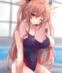  1girl black_one-piece_swimsuit breasts brown_eyes brown_hair commentary_request competition_swimsuit covered_navel hair_flaps highleg highleg_one-piece_swimsuit highres hirune_(konekonelkk) indoors kantai_collection large_breasts long_hair murasame_(kancolle) murasame_kai_ni_(kancolle) one-piece_swimsuit one_eye_closed solo swimsuit towel towel_around_neck two-tone_swimsuit two_side_up 