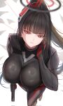  1girl black_bodysuit black_hair blue_archive bodysuit breasts closed_mouth commentary_request gun highres holding holding_gun holding_weapon large_breasts long_hair looking_at_viewer penguintake ponytail red_eyes rio_(armed)_(blue_archive) rio_(blue_archive) solo weapon 
