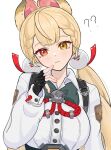  1girl ? ?? alice_thymefield animal_ear_fluff animal_ears black_gloves blonde_hair breasts closed_mouth fingerless_gloves gloves hand_up hashtag-only_commentary head_tilt heterochromia highres large_breasts long_hair looking_at_viewer low_twintails rabbit_ears rabbit_girl red_eyes shirt simple_background solo twintails white_background white_shirt yellow_eyes yo_zzz zenless_zone_zero 