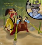 4_toes anthro bamboo bdsm black_body black_eyebrows black_fur black_nose black_pawpads blue_clothing blue_eyes blue_loose_feather blush bondage bound brown_body brown_fur canid canine canis cheek_tuft claws closed_smile clothing dipstick_tail domestic_cat domestic_dog duo eyebrows facial_tuft fangs feet felid feline felis floppy_ears foot_fetish fur fur_tuft grey_body grey_eyes grey_fur hair hands_behind_back hands_tied hands_tied_behind_back hank_(paws_of_fury) hi_res jimbo_(paws_of_fury) laugh loose_feather male mammal markings misterfuchs mouth_closed multicolored_body multicolored_fur open_mouth open_smile pawpads paws_of_fury:_the_legend_of_hank pink_inner_ear pink_nose red_tongue restrained restraints rock rope rope_bondage sitting smile stocks tail tail_markings tan_body tan_fur tan_tail_tip teeth thick_eyebrows tickle_fetish tickle_torture tickling tickling_feet tied_hair toe_claws toes tongue tongue_out tuft whiskers white_sclera yellow_clothing yellow_sclera