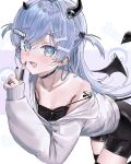  1girl absurdres alternate_costume armpit_crease asymmetrical_horns black_choker black_dress black_horns black_nails black_tail blue_hair blush bone_hair_ornament breasts cartoon_bone choker claw_ring cleavage collarbone commentary cowboy_shot cross cube_hair_ornament demon_girl demon_horns demon_tail dot_nose dress ear_chain ear_piercing fang finger_to_mouth fingernails hair_between_eyes hair_ornament hair_over_shoulder hairpin highres horns jacket jacket_partially_removed jewelry leaning_forward linked_piercing long_fingernails long_hair long_sleeves looking_at_viewer multiple_hairpins off_shoulder open_mouth piercing qianjian ring shirt shushing simple_background single_bare_shoulder single_off_shoulder skin_fang skull skull_hair_ornament sleeves_past_wrists smile solo standing strap_slip tail thighs tongue turning_head uneven_horns untranslatable_commentary virtual_youtuber vspo! white_jacket yano_kuromu zettai_ryouiki zipper 