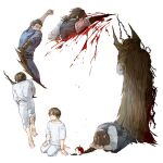  absurdres age_progression aged_down antennae apple arthropod_limbs barefoot black_shoes blood blood_splatter blue_jumpsuit brown_eyes cape child circle food fruit gregor_(project_moon) grey_pants grey_vest hand_on_own_arm highres if_happiness_is_a_circle_(meme) jumpsuit kkolo432271 kneeling limbus_company low_ponytail male_focus meme mystical_high_collar pants ponytail project_moon raised_fist shirt shoes short_hair simple_background sleeves_rolled_up soles the_roach_emperor vest white_background white_pants white_shirt 
