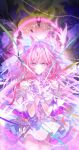  1boy 1girl bare_shoulders breasts cyrene_(demiurge)_(honkai:_star_rail) cyrene_(honkai:_star_rail) dress flower hair_flower hair_ornament halo hashtag-only_commentary highres honkai:_star_rail honkai_(series) long_hair looking_at_viewer medium_breasts multicolored_hair phainon_(honkai:_star_rail) phainon_(khaslana)_(honkai:_star_rail) pink_dress pink_eyes pink_flower pink_hair pink_rose pointy_ears rose smile solo to_ko two-tone_hair very_long_hair white_dress white_hair 