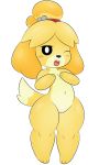  3:5 alpha_channel animal_crossing anthro black_eyes blush canid canine canis covering covering_breasts domestic_dog female fur genitals hair hi_res isabelle_(animal_crossing) looking_at_viewer mammal nintendo nude one_eye_closed open_mouth pussy shih_tzu short_stack simple_background solo standing teeth thick_thighs tongue toy_dog transparent_background video_games wink yellow_body yellow_fur zinzoa 