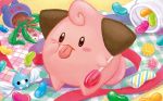  akanbe black_eyes candy cleffa creature food full_body gen_2_pokemon gen_3_pokemon holding_lollipop jelly_bean no_humans official_art plant pokemon pokemon_(creature) pokemon_trading_card_game shibuzoh solo standing swablu tongue tongue_out 