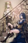  2girls ambience_synesthesia arknights black_boots black_choker blonde_hair blue_dress blue_eyes blue_gloves blue_hair boots bracelet brown_coat brown_corset brown_skirt choker coat commentary_request corset demon_horns dress elf gloves hair_ornament halo highres horns jewelry laurels long_hair long_sleeves looking_at_viewer mole mole_under_eye mostima_(arknights) mostima_(ethereal_harmony)_(arknights) muelsyse_(arknights) muelsyse_(golden_reverie)_(arknights) multiple_girls official_alternate_costume okome_(okome9219) pointy_ears shawl shirt sitting sitting_on_stairs skirt stairs white_shirt yellow_eyes 