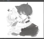  1boy 1girl alternate_costume alternate_hairstyle animal_ears art_program_in_frame asymmetrical_sidelocks blunt_ends cat_boy cat_ears cheek-to-cheek choppy_bangs closed_mouth commentary_request contemporary cropped_torso cross-shaped_pupils eyelashes gakuran genshin_impact gift_art greyscale hair_between_eyes hand_on_another's_back heads_together heart hetero highres hug korean_commentary looking_at_viewer monochrome nahida_(genshin_impact) one_eye_closed pointy_ears ponytail popped_collar rabbit_ears rabbit_girl sailor_collar scaramouche_(genshin_impact) school_uniform serafuku sidelocks sketch symbol-shaped_pupils talking_ok tsurime 