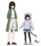  2girls animal_ears black_hair black_legwear cat_ears cat_girl cat_tail coat denim denim_shorts full_body highres hood hood_up hoodie long_sleeves multiple_girls open_clothes open_coat original pantyhose sho_(sho_lwlw) short_hair short_shorts shorts sketch sleeves_past_wrists sleeves_rolled_up tail v-shaped_eyebrows 