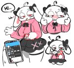 2026 4_fingers anthro big_breasts black_bottomwear black_bow black_clothing black_skirt bodily_fluids bottomwear bow_accessory breasts button_(fastener) cellphone cigarette circle_eyebrows clothed clothed_anthro clothed_female clothing duo ear_bow electronics emoji_description english_text eye_bags eyebrows female female_anthro female_focus fingers first_person_view front_view greeting greeting_viewer half-closed_eyes heart_symbol holding_cellphone holding_cigarette holding_object holding_phone holding_smartphone lagomorph legband legwear leporid looking_aside looking_at_viewer mammal narrowed_eyes phone pink_clothing pink_shirt pink_topwear question_mark rabbit red_eyes shirt simple_background skirt smartphone smoking smoking_cigarette solo_focus speech_bubble squish ssslommm2 sweat sweatdrop text thick_thighs thigh_highs thigh_squish thighband topwear twitter white_background white_body white_ears white_eyebrows white_sclera