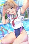  1girl absurdres aqours_2nd_years arms_up barefoot blue_eyes blue_nails blue_one-piece_swimsuit blue_sky breasts brown_hair camera chinese_commentary commentary competition_school_swimsuit competition_swimsuit covered_navel double_vertical_stripe fang feet fence full_body grey_hair grey_sailor_collar hands_up head_tilt highleg highres holding holding_camera kneeling kuntze looking_at_viewer love_live! love_live!_sunshine!! medium_breasts multicolored_hair nail_polish navel neckerchief necktie no_pants one-piece_swimsuit one_eye_closed outdoors pool poolside puffy_short_sleeves puffy_sleeves purple_hair purple_one-piece_swimsuit red_neckerchief sailor_collar salute school school_swimsuit school_uniform selfie serafuku short_hair short_sleeves sitting sky sleeve_cuffs smile solo sparkle streaked_hair striped_clothes striped_one-piece_swimsuit striped_swimsuit summer_uniform sunlight sweat swimsuit teeth thighs two-tone_swimsuit uranohoshi_school_uniform vertical-striped_clothes vertical-striped_one-piece_swimsuit watanabe_you wavy_hair wet 