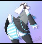 2025 accessory ambiguous_gender anthro arm_warmers armwear artist_name black_arm_warmers black_armwear black_bottomwear black_clothing black_eyewear black_glasses black_legwear black_skirt black_thigh_highs blue_necktie bottomwear bovid caprine clean_diaper clothed clothing cosplay darkner deltarune diaper diaper_under_clothing diaper_under_panties diaper_under_underwear ears_as_hair electronics eyewear floppy_ears fur glasses goat gradient_background grey_clothing grey_shirt grey_sleeveless_shirt grey_topwear hair_accessory hairband hatsune_miku head_horn headgear headphones headset heart_symbol hi_res horn legwear letterbox looking_back low-angle_view male_(lore) mammal necktie open_mouth open_smile panties pattern_bottomwear pattern_clothing pattern_panties pattern_underwear pink_horn ralsei round_glasses scut_tail shadyadi shirt short_tail signature simple_background skirt sleeveless_shirt smile solo striped_bottomwear striped_clothing striped_panties striped_underwear stripes tail text thigh_highs three-quarter_view tie_clip topwear undertale_(series) underwear upskirt vocaloid wearing_diaper wearing_glasses white_body white_diaper white_fur white_tail